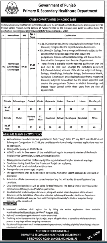 Latest Primary And Secondary Healthcare Department Jobs In Lahore 2022